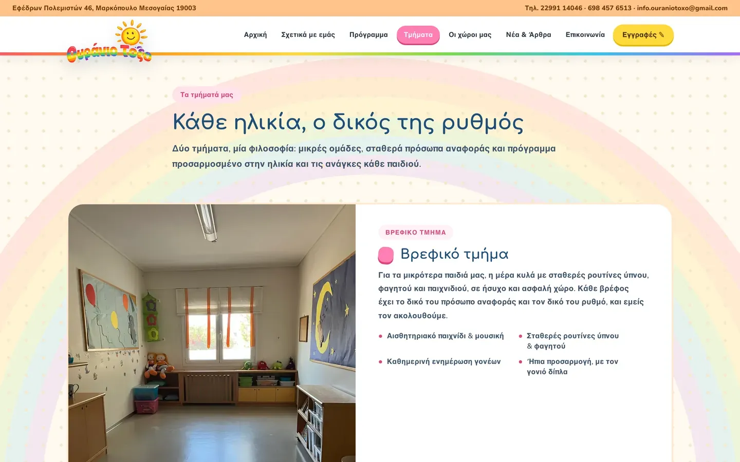 Στιγμιότυπο από την ενότητα «Τμήματα» της ιστοσελίδας